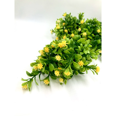 ВЕТКА--КУСТ Листвы с желтыми цветочками, Пластик, L 35 см